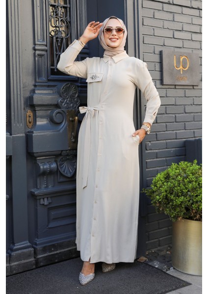 Düğmeli Bej Tesettür Elbise 12504BEJ modelleri