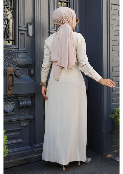 Düğmeli Bej Tesettür Elbise 12504BEJ fırsatları