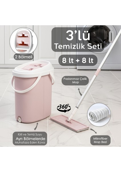 Yüzey Yer Silme Temizlik Seti - Temiz Kirli Su Iki Bölmeli Kova-Dönebilen Tablet Mop Paspas - 8+8 Lt
