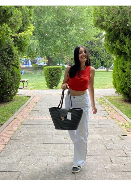 Jüt Hasır Görünümlü El Çantası Plaj Çantası Omuz Çantası fiyatları