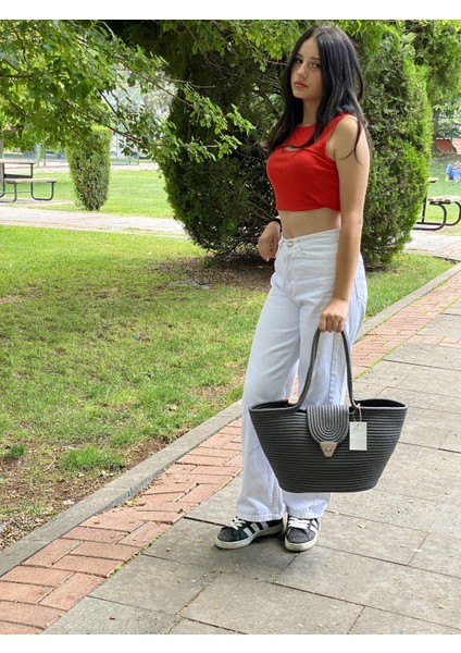 Jüt Hasır Görünümlü El Çantası Plaj Çantası Omuz Çantası modelleri