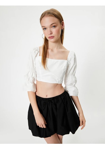 Crop Fırfırlı Bluz Kalp Yaka Uzun Geniş Kollu Slim Fit