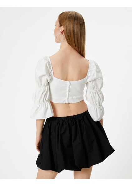 Crop Fırfırlı Bluz Kalp Yaka Uzun Geniş Kollu Slim Fit