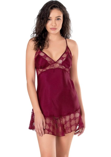 Shopidik Bordo Kısa Saten Gecelik