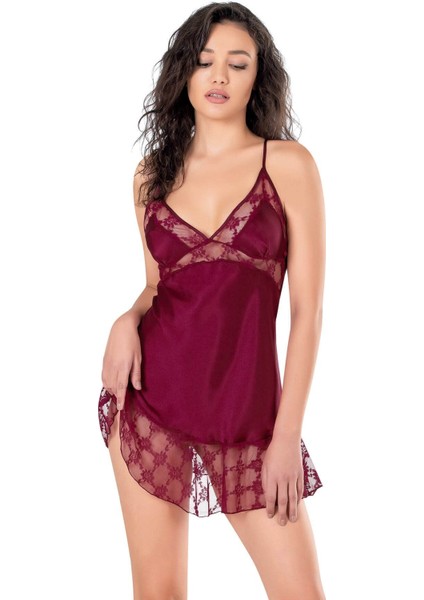 Shopidik Bordo Kısa Saten Gecelik