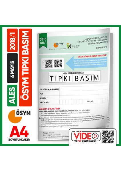 ALES 2018/1 (MAYIS) ÖSYM Tıpkı Basım Çıkmış Soru Deneme Kitapçığı Video/PDF Çözümlü Türkiye Geneli