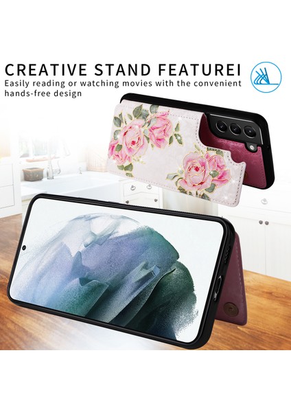 Samsung Galaxy S21 + 5g Için Kickstand Kılıf Desen Baskı Kartı Yuvaları Telefon Arka Kabuk-Gül Çiçek (Yurt Dışından)