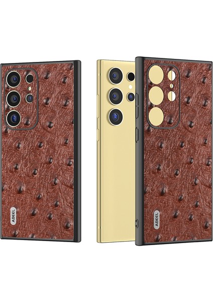 Samsung Galaxy S24 Ultra Kılıf Devekuşu Desenli Hakiki Inek Deri Arka Telefon Kapağı-Kahve (Yurt Dışından)