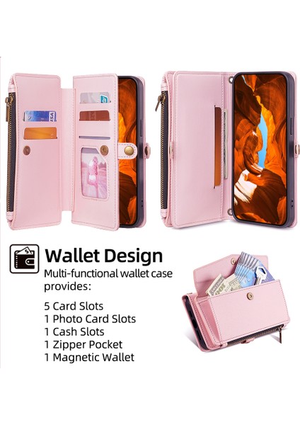 Samsung Galaxy M55 5g Standlı Kılıf 6 Kart Yuvalı Deri Cüzdan Çanta Telefon Kapağı-Pembe (Yurt Dışından)