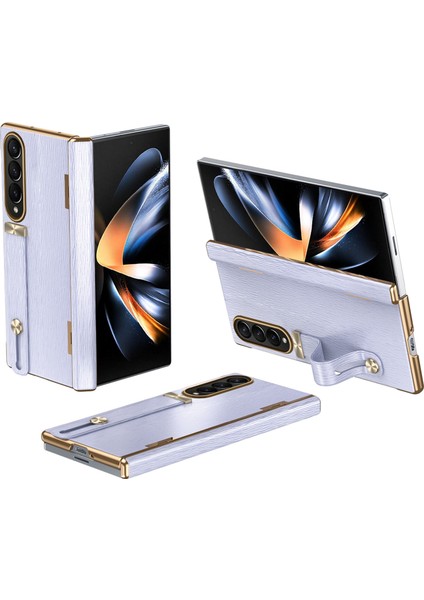 Samsung Galaxy Z Fold3 5g Kılıf Kickstand Bilek Bandı Deri+Pc Sert Telefon Kapağı-Mor (Yurt Dışından)