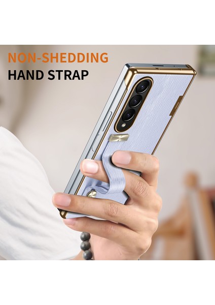 Samsung Galaxy Z Fold3 5g Kılıf Kickstand Bilek Bandı Deri+Pc Sert Telefon Kapağı-Mor (Yurt Dışından)