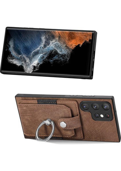 Samsung Galaxy S23 Ultra Elastik Kart Tutucu Yüzük Kickstand Deri+Tpu Telefon Kapağı-Kahverengi (Yurt Dışından) fırsatları