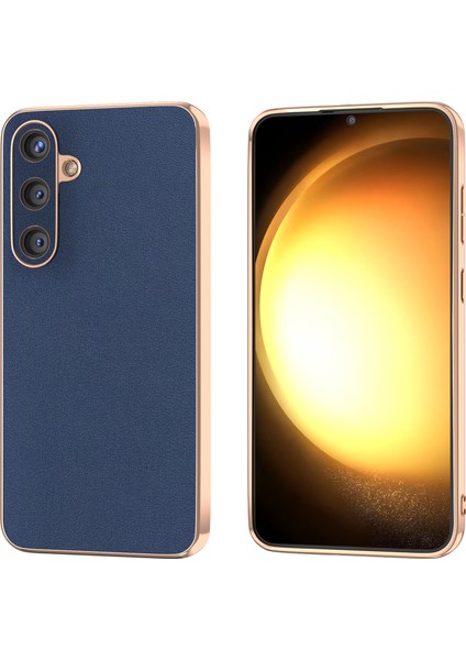 Samsung Galaxy S24 Telefon Kılıfı Hakiki Inek Derisi+Pc+Tpu Elektroliz Kaplama Kabuk-Mavi (Yurt Dışından)