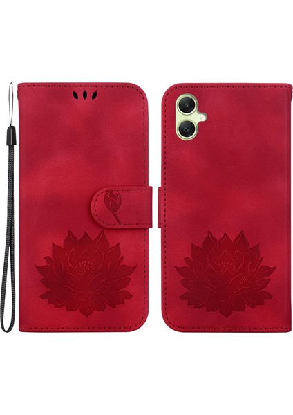 Samsung Galaxy A05 4g Cüzdan Kılıf Deri Flip Telefon Kapağı Lotus Desenli-Kırmızı (Yurt Dışından)