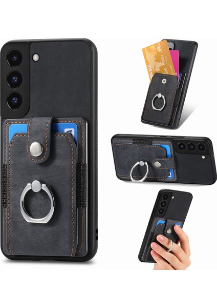 Samsung Galaxy S22 5g Cep Telefonu Kılıfı Halka Tutucu Kickstand Anti-Düşme Kapaklı Kart Tutucu-Siyah (Yurt Dışından)