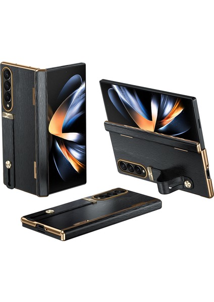 Seashell Digital Samsung Galaxy Z Fold3 5g Kılıf Kickstand Bilek Bandı Deri+Pc Sert Telefon Kapağı-Siyah (Yurt Dışından)