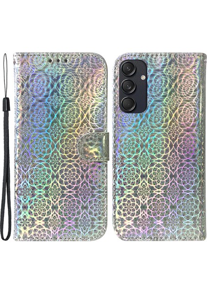 Samsung Galaxy M55 5g Kılıf Göz Kamaştırıcı Çiçek Manyetik Toka Deri Kılıf-Gri (Yurt Dışından)