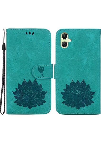 Samsung Galaxy A05 4g Cüzdan Kılıf Deri Flip Telefon Kapağı Lotus Desenli-Yeşil (Yurt Dışından)