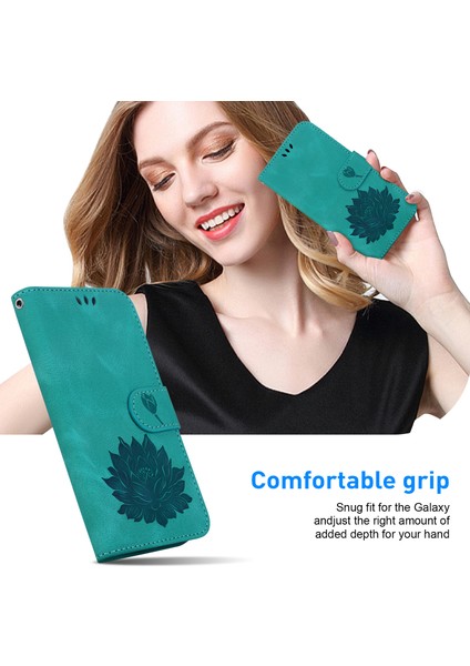 Samsung Galaxy A05 4g Cüzdan Kılıf Deri Flip Telefon Kapağı Lotus Desenli-Yeşil (Yurt Dışından)