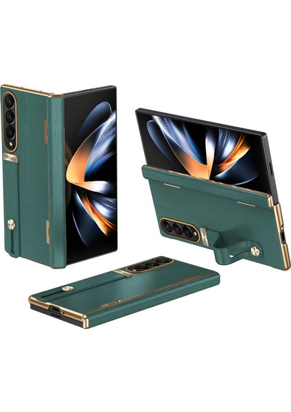 Samsung Galaxy Z Fold3 5g Kılıf Kickstand Bilek Bandı Deri+Pc Sert Telefon Kapağı-Yeşil (Yurt Dışından)