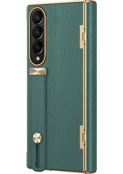 Samsung Galaxy Z Fold3 5g Kılıf Kickstand Bilek Bandı Deri+Pc Sert Telefon Kapağı-Yeşil (Yurt Dışından)