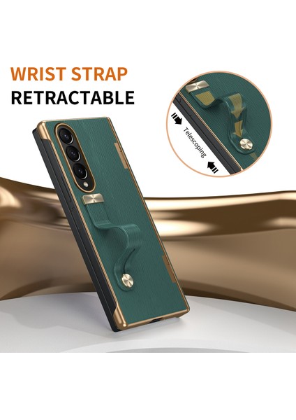 Samsung Galaxy Z Fold3 5g Kılıf Kickstand Bilek Bandı Deri+Pc Sert Telefon Kapağı-Yeşil (Yurt Dışından)