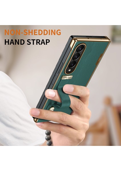 Samsung Galaxy Z Fold3 5g Kılıf Kickstand Bilek Bandı Deri+Pc Sert Telefon Kapağı-Yeşil (Yurt Dışından)