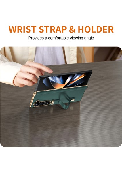 Samsung Galaxy Z Fold3 5g Kılıf Kickstand Bilek Bandı Deri+Pc Sert Telefon Kapağı-Yeşil (Yurt Dışından)