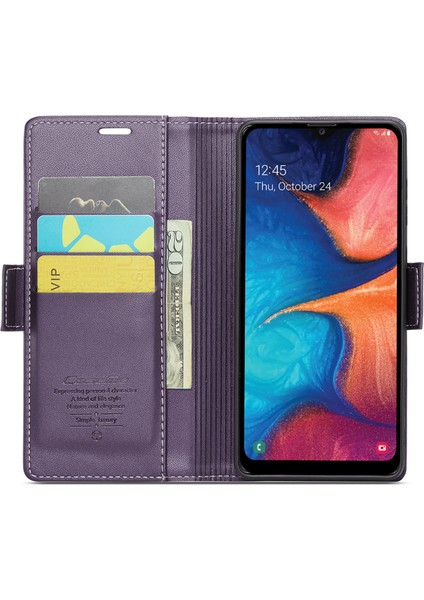 Caseme Samsung Galaxy A20 Için Parlak Kılıf Rfıd Engelleme Deri Telefon Kapağı-Mor (Yurt Dışından)