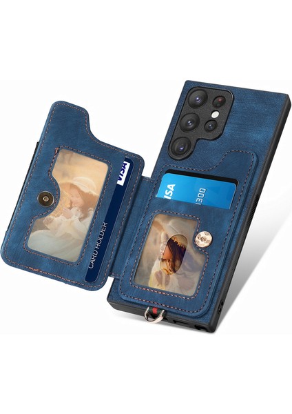 Samsung Galaxy S22 Ultra 5g Kılıf Rfıd Engelleme Kart Tutucu Retro Tarzı Kapak-Mavi (Yurt Dışından) modelleri