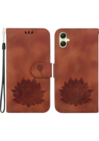 Samsung Galaxy A05 4g Cüzdan Kılıf Deri Flip Telefon Kapağı Lotus Desenli-Kahverengi (Yurt Dışından)