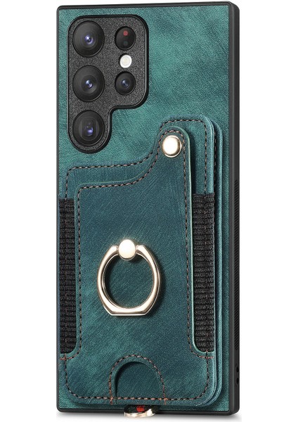 Samsung Galaxy S22 Ultra 5g Kılıf Rfıd Engelleme Kart Tutucu Retro Tarzı Kapak-Yeşil (Yurt Dışından)