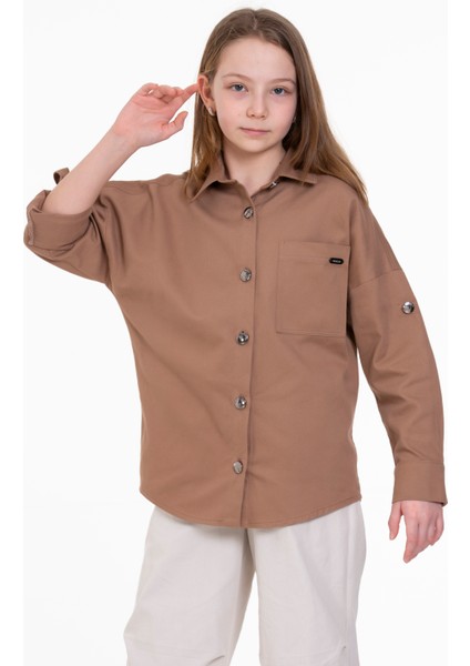 Yakalı Apoletli Oversize Kız Çocuk Gömlek