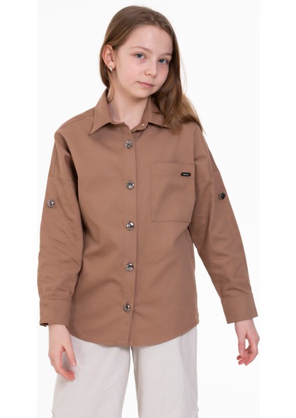 Yakalı Apoletli Oversize Kız Çocuk Gömlek