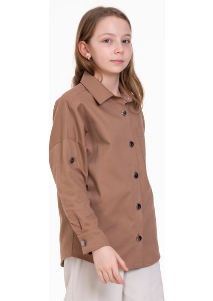 Yakalı Apoletli Oversize Kız Çocuk Gömlek