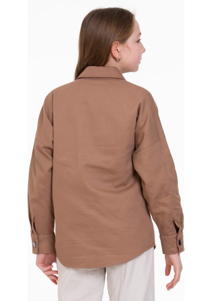 Yakalı Apoletli Oversize Kız Çocuk Gömlek