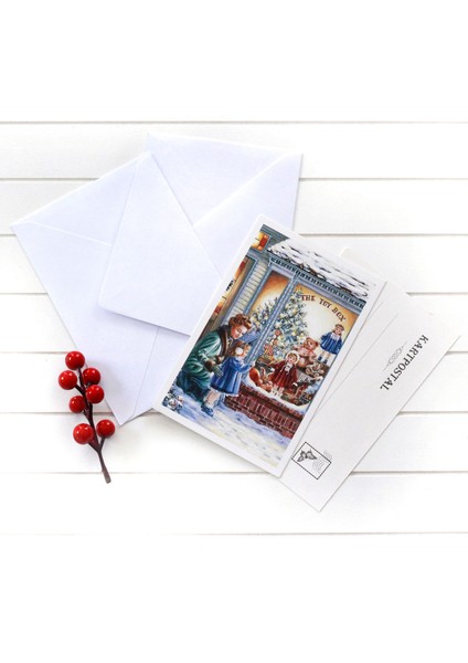 10lu yılbaşı kartpostal-zarf seti, oyuncakçı dükkanı