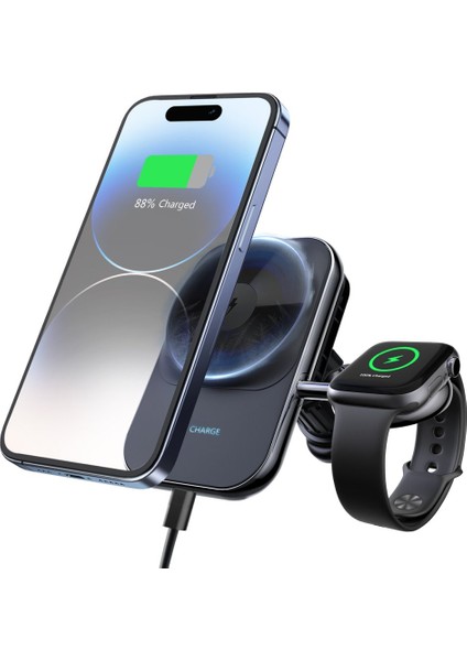 2in1 15W Manyetik Hızlı Magsafe Araç Tutucu iPhone 16 15 14 13 12 Pro Max ve 5W Apple Watch Kablosuz Şarj Uyumlu Soğutucu Fan Destekli Klipsli
