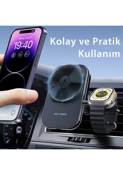 2in1 15W Manyetik Hızlı Magsafe Araç Tutucu iPhone 16 15 14 13 12 Pro Max ve 5W Apple Watch Kablosuz Şarj Uyumlu Soğutucu Fan Destekli Klipsli fırsatları