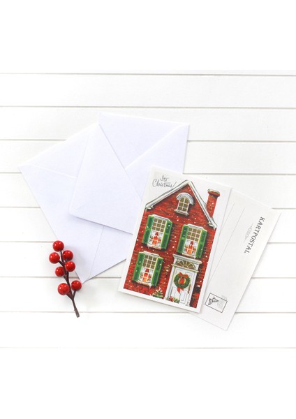 10lu yılbaşı kartpostal-zarf seti, kırmızı ev