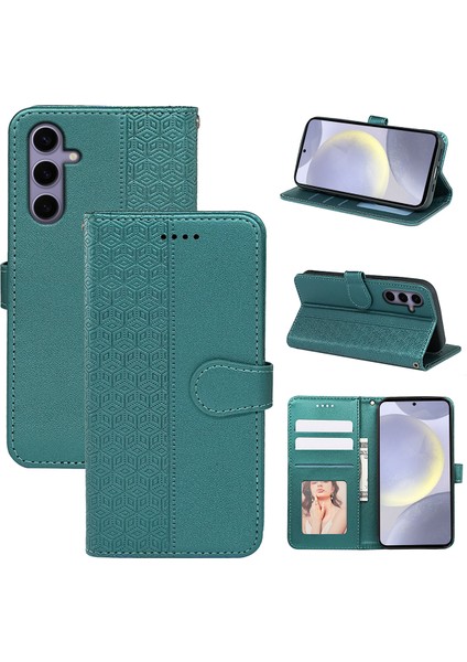 Samsung Galaxy S24+ Kılıf Kübik Izgara Baskılı Pu Deri Cüzdan Standlı Telefon Kapağı-Yeşil (Yurt Dışından)
