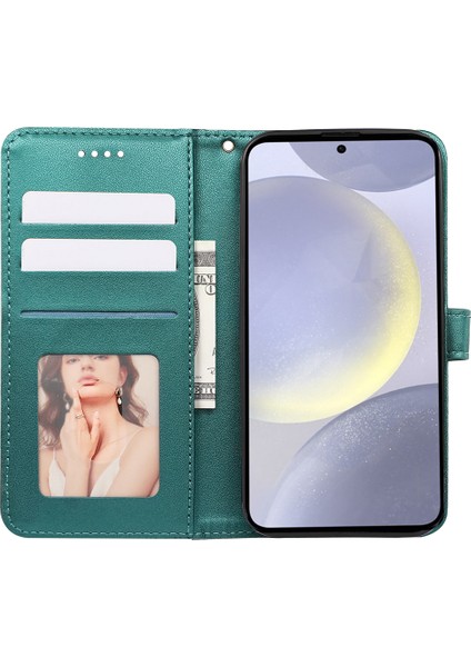 Samsung Galaxy S24+ Kılıf Kübik Izgara Baskılı Pu Deri Cüzdan Standlı Telefon Kapağı-Yeşil (Yurt Dışından)