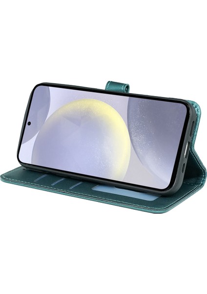 Samsung Galaxy S24+ Kılıf Kübik Izgara Baskılı Pu Deri Cüzdan Standlı Telefon Kapağı-Yeşil (Yurt Dışından)