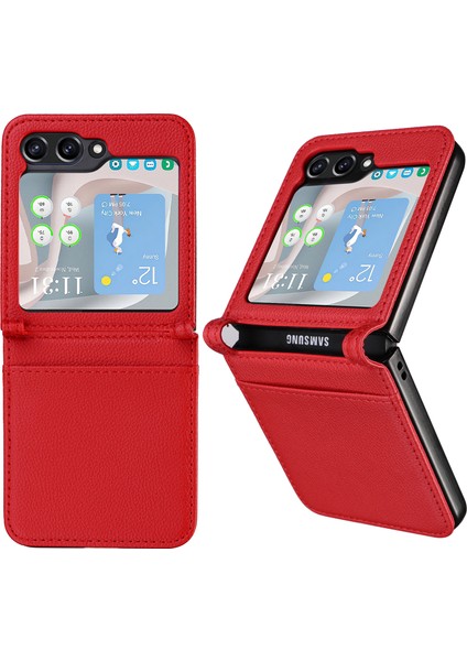 Samsung Galaxy Z Flip6 5g Kılıf Litchi Doku Pu Deri + Pc Kart Yuvası Telefon Kapağı-Kırmızı (Yurt Dışından)