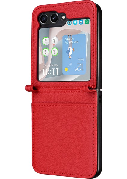 Samsung Galaxy Z Flip6 5g Kılıf Litchi Doku Pu Deri + Pc Kart Yuvası Telefon Kapağı-Kırmızı (Yurt Dışından)