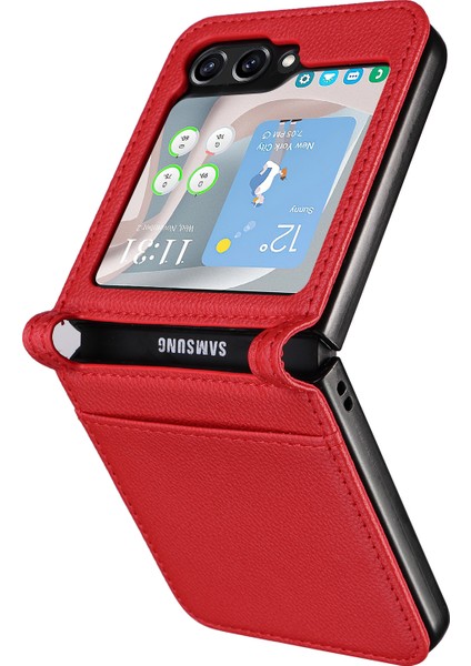 Samsung Galaxy Z Flip6 5g Kılıf Litchi Doku Pu Deri + Pc Kart Yuvası Telefon Kapağı-Kırmızı (Yurt Dışından)