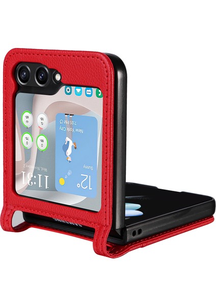 Samsung Galaxy Z Flip6 5g Kılıf Litchi Doku Pu Deri + Pc Kart Yuvası Telefon Kapağı-Kırmızı (Yurt Dışından)