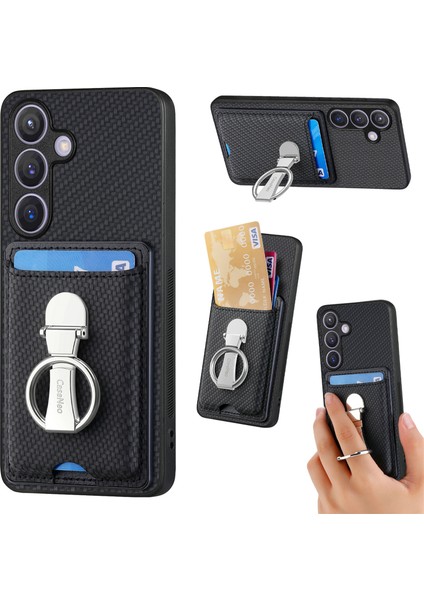 C1-9 Samsung Galaxy S24+KILIF Karbon Fiber Doku Kart Tutucu Telefon Kapağı Katlanır Kickstand-Siyah (Yurt Dışından)
