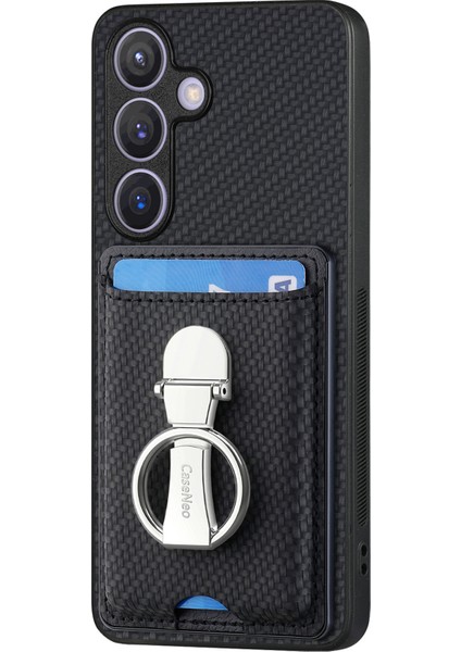 C1-9 Samsung Galaxy S24+KILIF Karbon Fiber Doku Kart Tutucu Telefon Kapağı Katlanır Kickstand-Siyah (Yurt Dışından)
