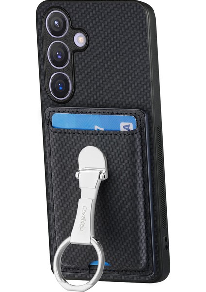 C1-9 Samsung Galaxy S24+KILIF Karbon Fiber Doku Kart Tutucu Telefon Kapağı Katlanır Kickstand-Siyah (Yurt Dışından)
